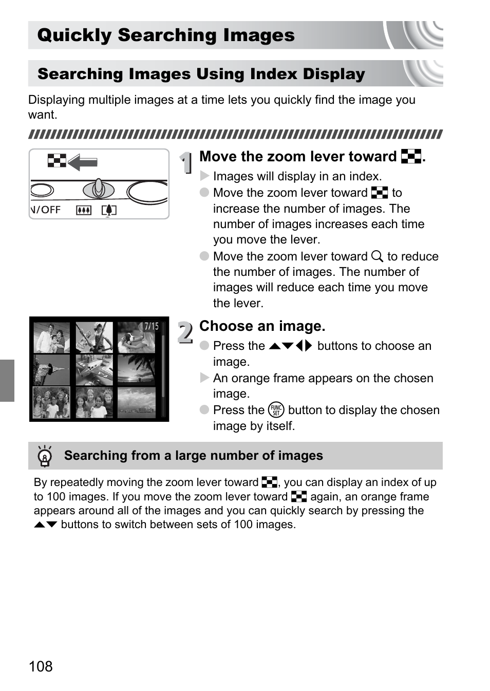 Quickly searching images, Pp. 108, Ages | P. 108), Searching images using index display, Move the zoom lever toward g, Choose an image | Canon IXUS 130 User Manual | Page 108 / 176