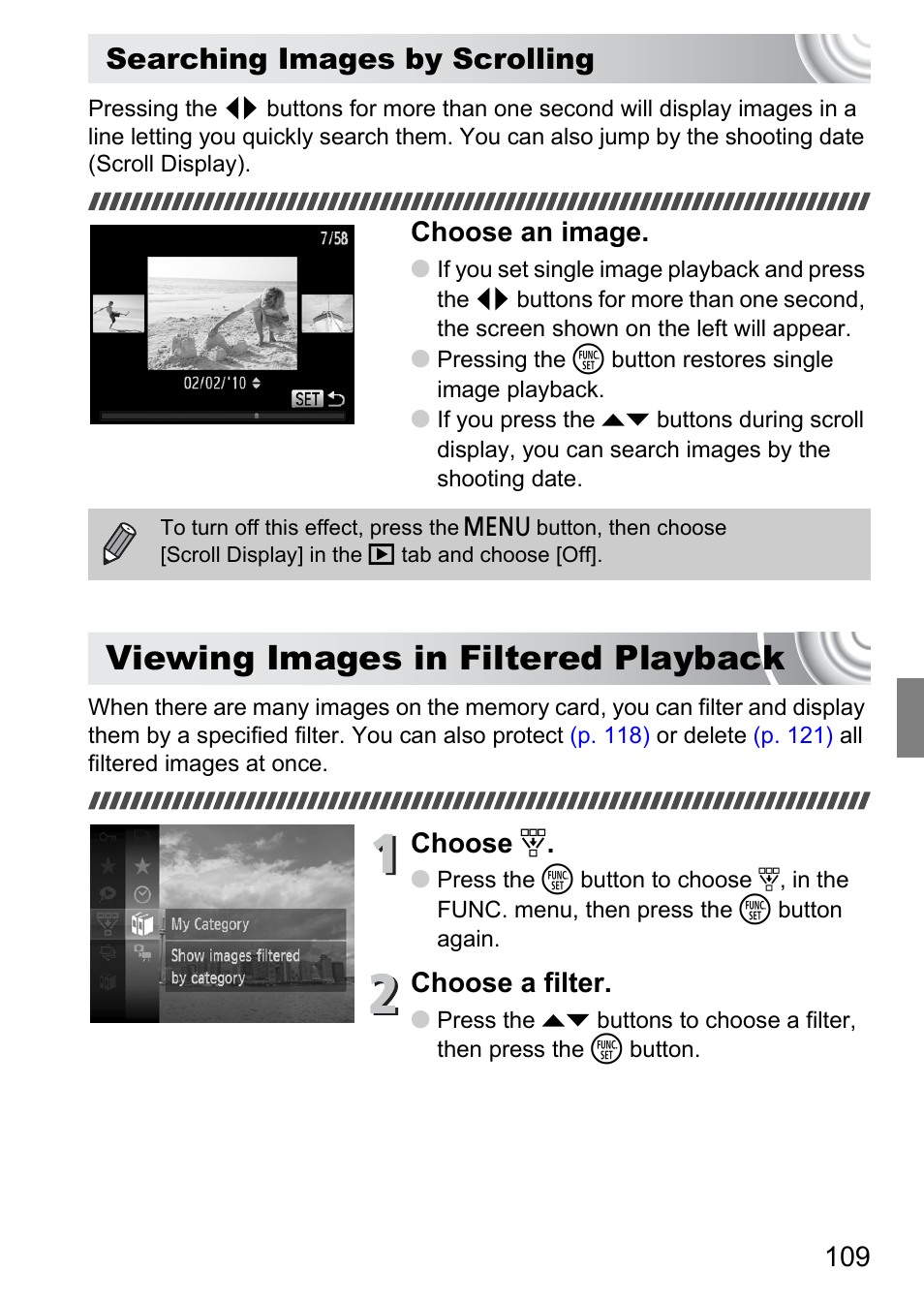 Viewing images in filtered playback, Viewing images, In filtered playback | P. 109), Searching images by scrolling, Choose an image, Choose, Choose a filter | Canon IXUS 130 User Manual | Page 109 / 176