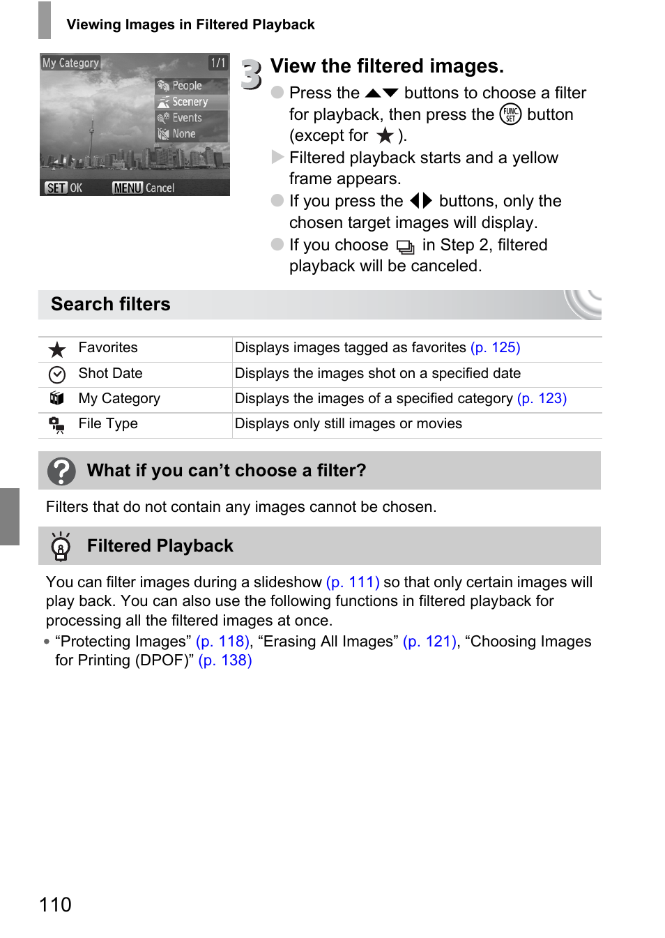 View the filtered images, Search filters | Canon IXUS 130 User Manual | Page 110 / 176