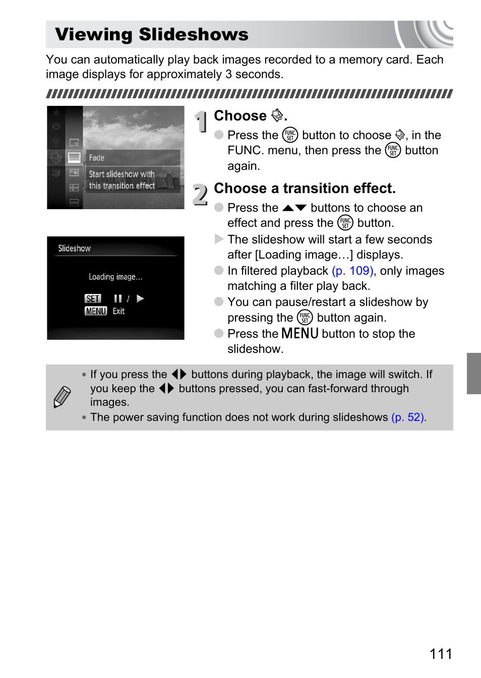 Viewing slideshows, P. 111), Choose | Choose a transition effect | Canon IXUS 130 User Manual | Page 111 / 176