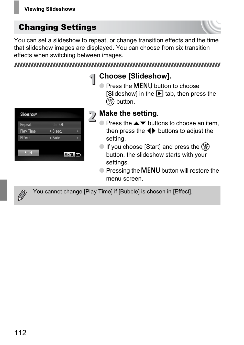 Changing settings, Choose [slideshow, Make the setting | Canon IXUS 130 User Manual | Page 112 / 176