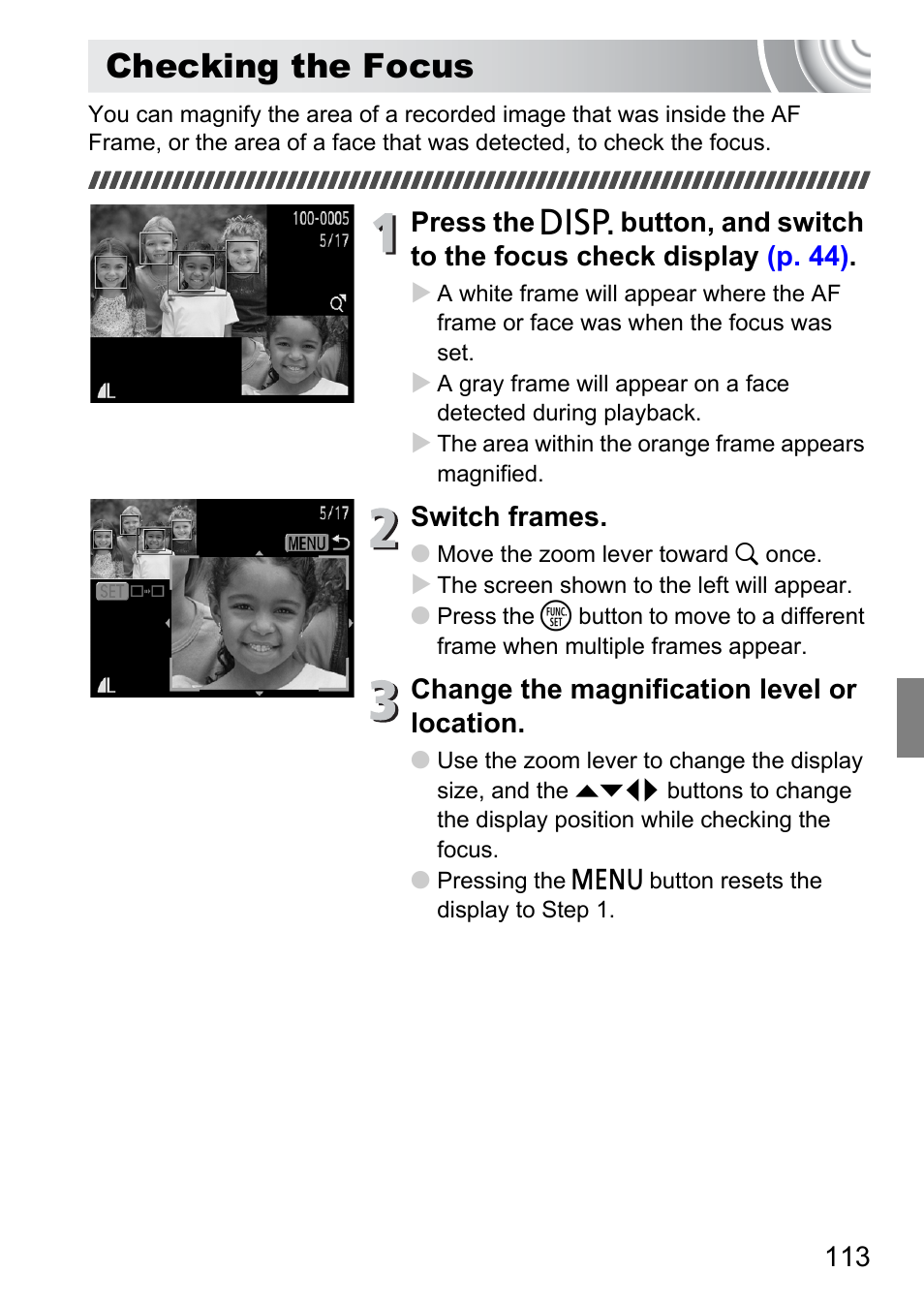 Checking the focus | Canon IXUS 130 User Manual | Page 113 / 176