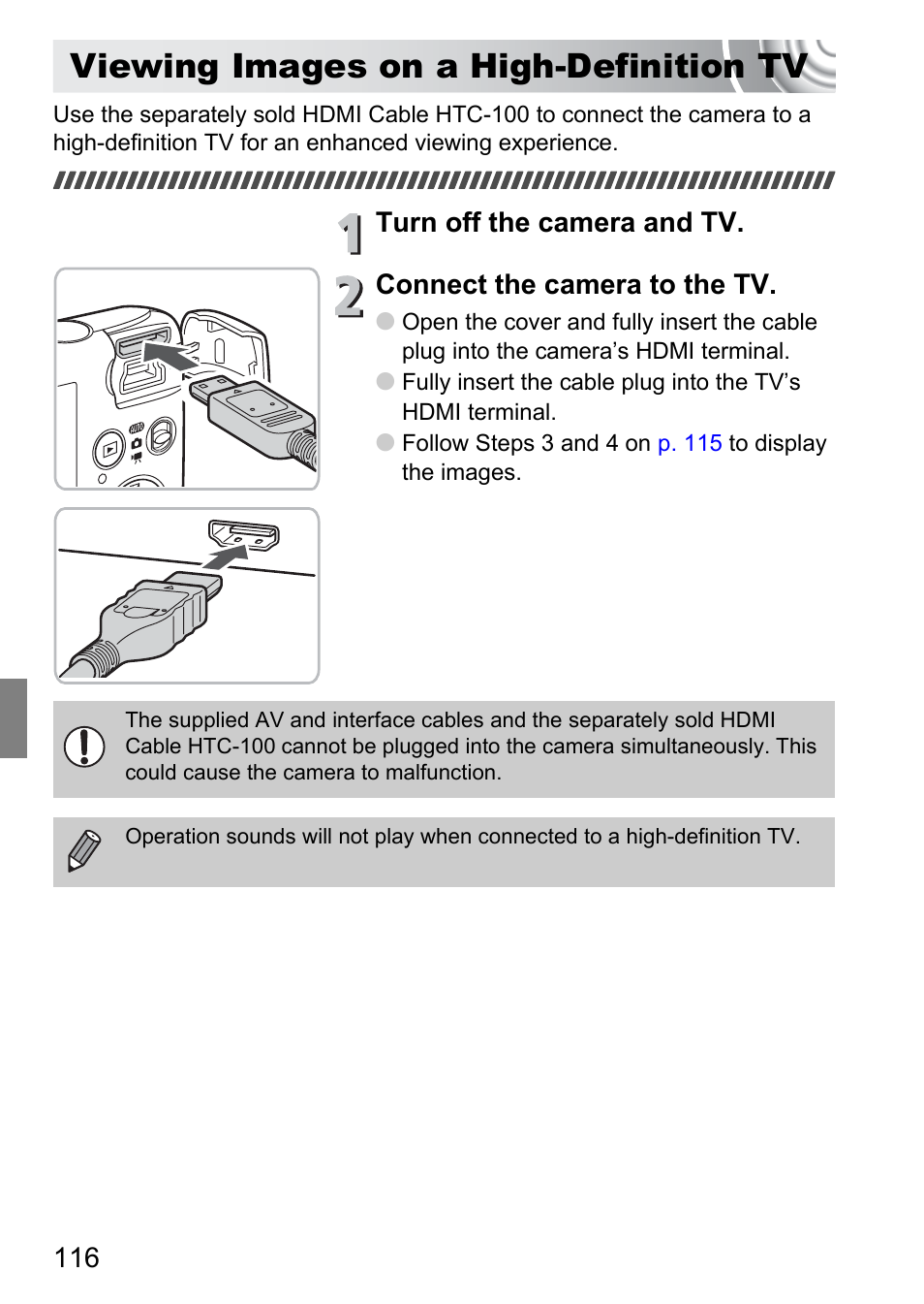 Viewing images on a high-definition tv, Viewing images, On a high-definition tv | Hdmi terminal, P. 116) | Canon IXUS 130 User Manual | Page 116 / 176