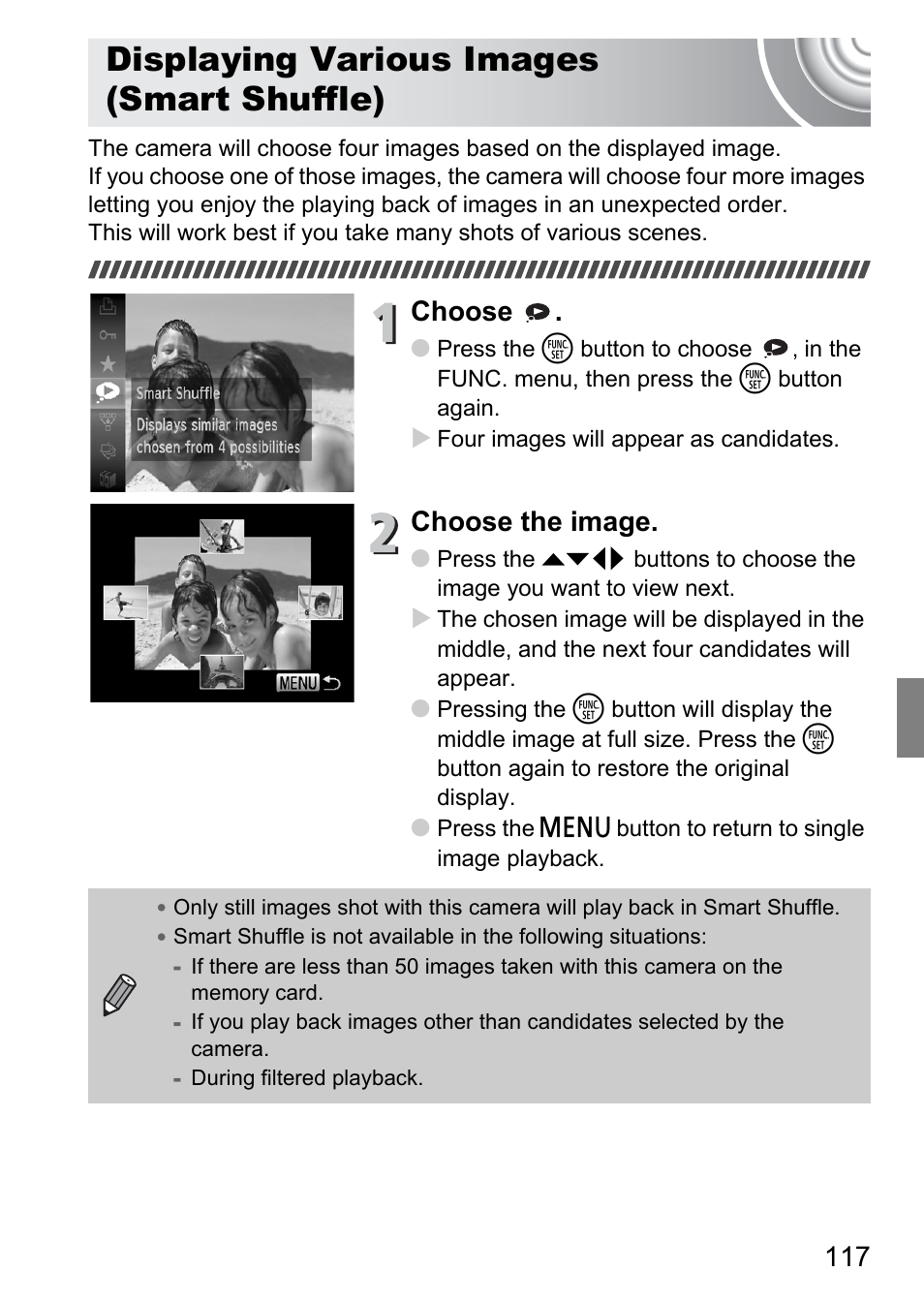 Displaying various images (smart shuffle), Displaying various images, Smart shuffle) | Choose, Choose the image | Canon IXUS 130 User Manual | Page 117 / 176