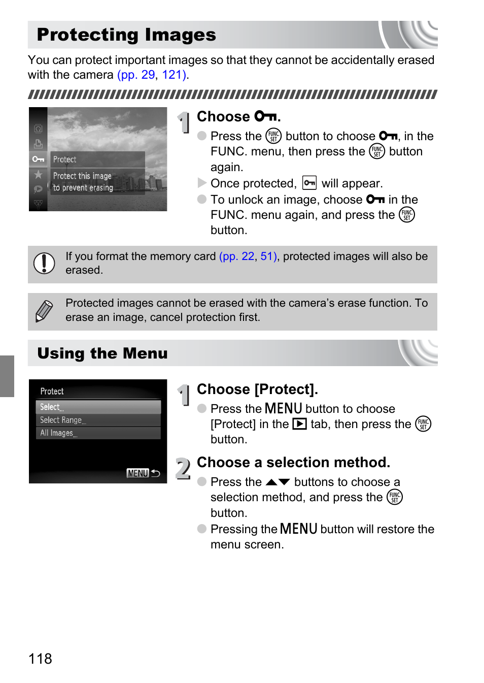 Protecting images, Ages, P. 118) | Using the menu, Choose, Choose [protect, Choose a selection method | Canon IXUS 130 User Manual | Page 118 / 176