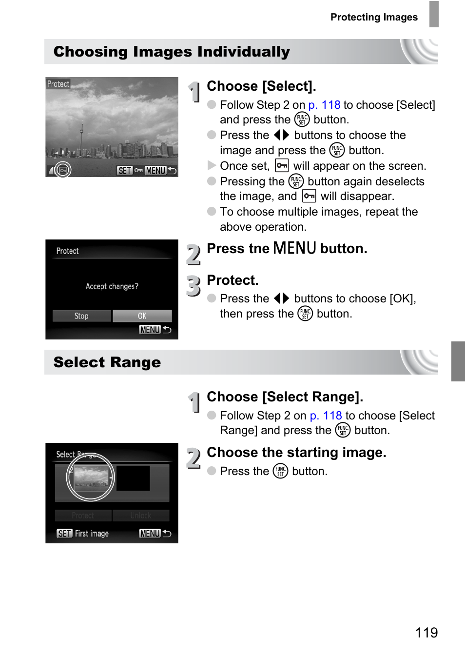 Choosing images individually, Select range, Choose [select | Press tne n button. protect, Choose [select range, Choose the starting image | Canon IXUS 130 User Manual | Page 119 / 176