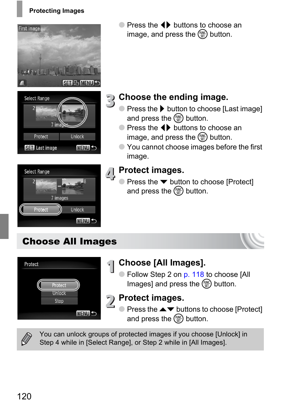 Choose all images, Choose the ending image, Protect images | Choose [all images | Canon IXUS 130 User Manual | Page 120 / 176