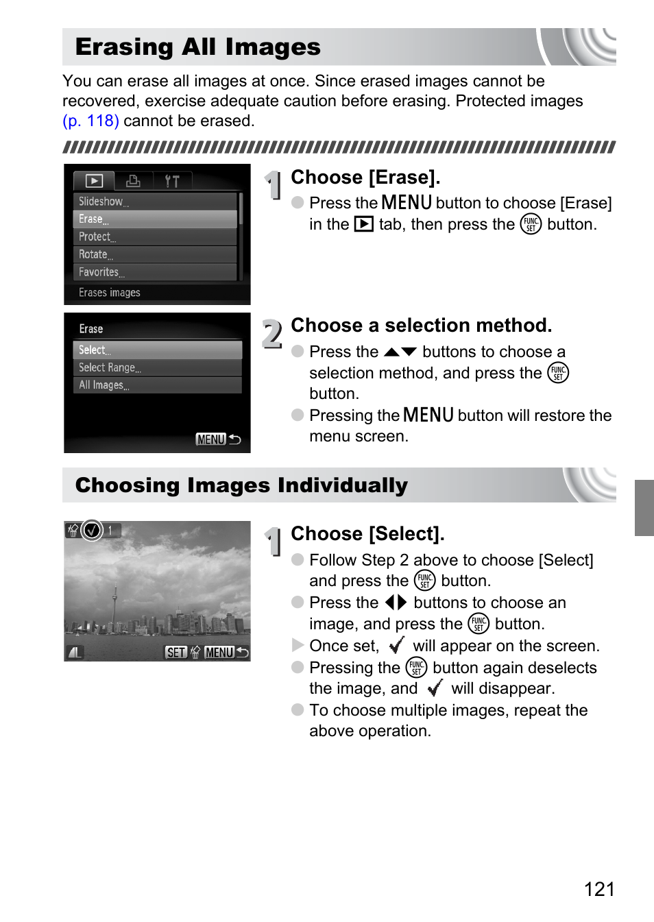 Erasing all images, P. 121), Choosing images individually | Choose [erase, Choose a selection method, Choose [select | Canon IXUS 130 User Manual | Page 121 / 176