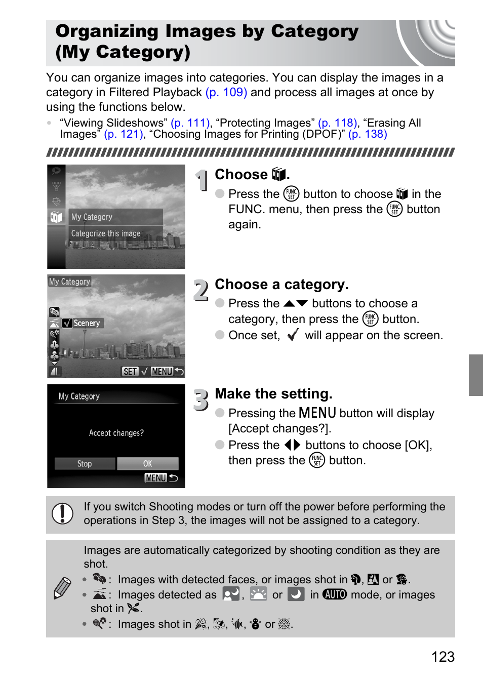 Organizing images by category (my category), Organizing images by category, My category) | P. 123), Choose, Choose a category, Make the setting | Canon IXUS 130 User Manual | Page 123 / 176