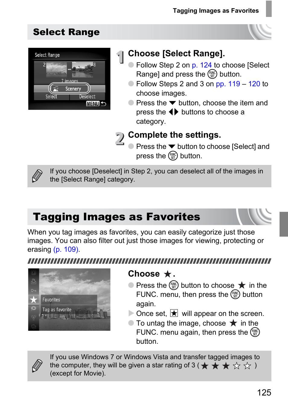 Tagging images as favorites, P. 125), Select range | Choose [select range, Complete the settings, Choose | Canon IXUS 130 User Manual | Page 125 / 176