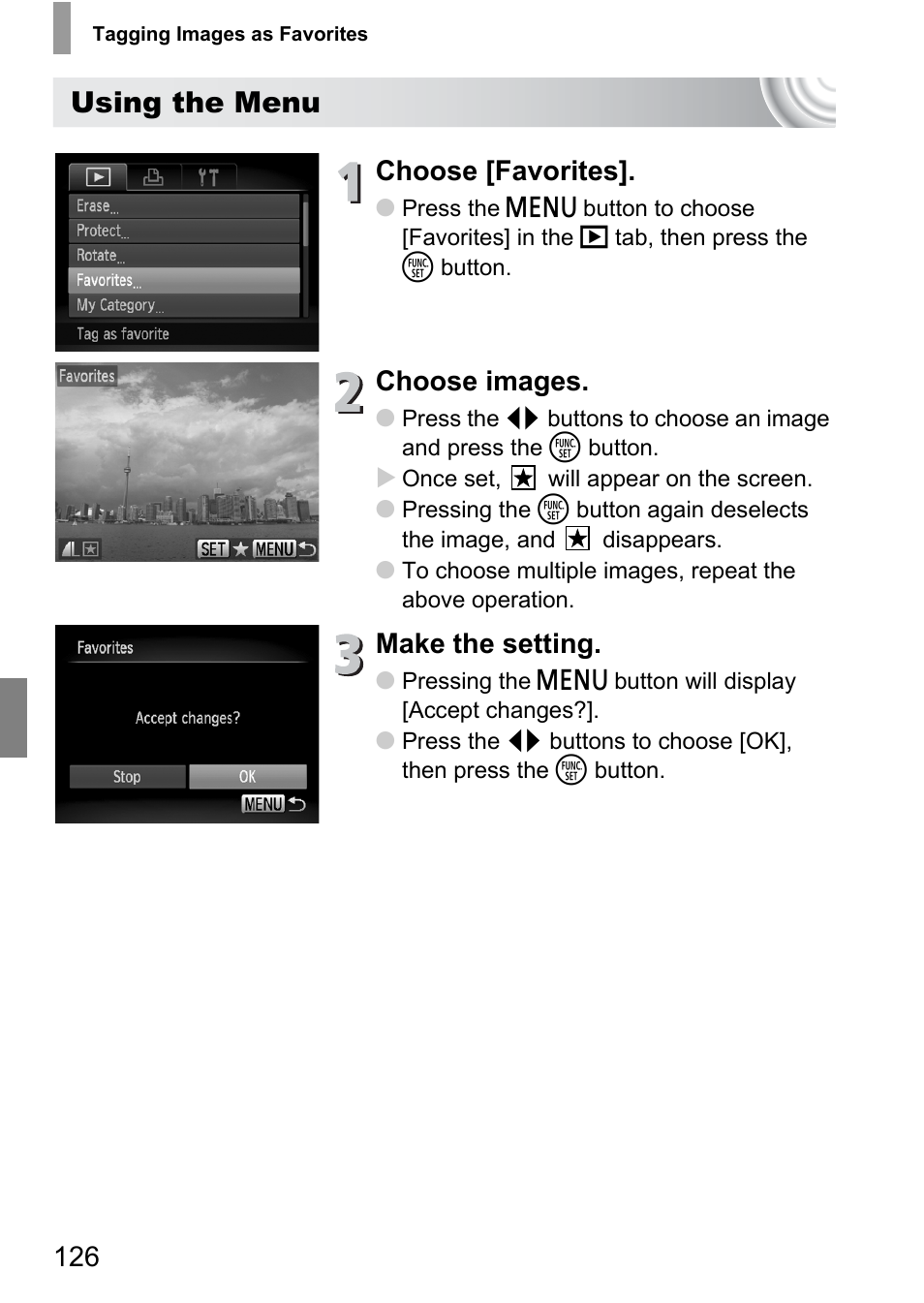 Using the menu, Choose [favorites, Choose images | Make the setting | Canon IXUS 130 User Manual | Page 126 / 176