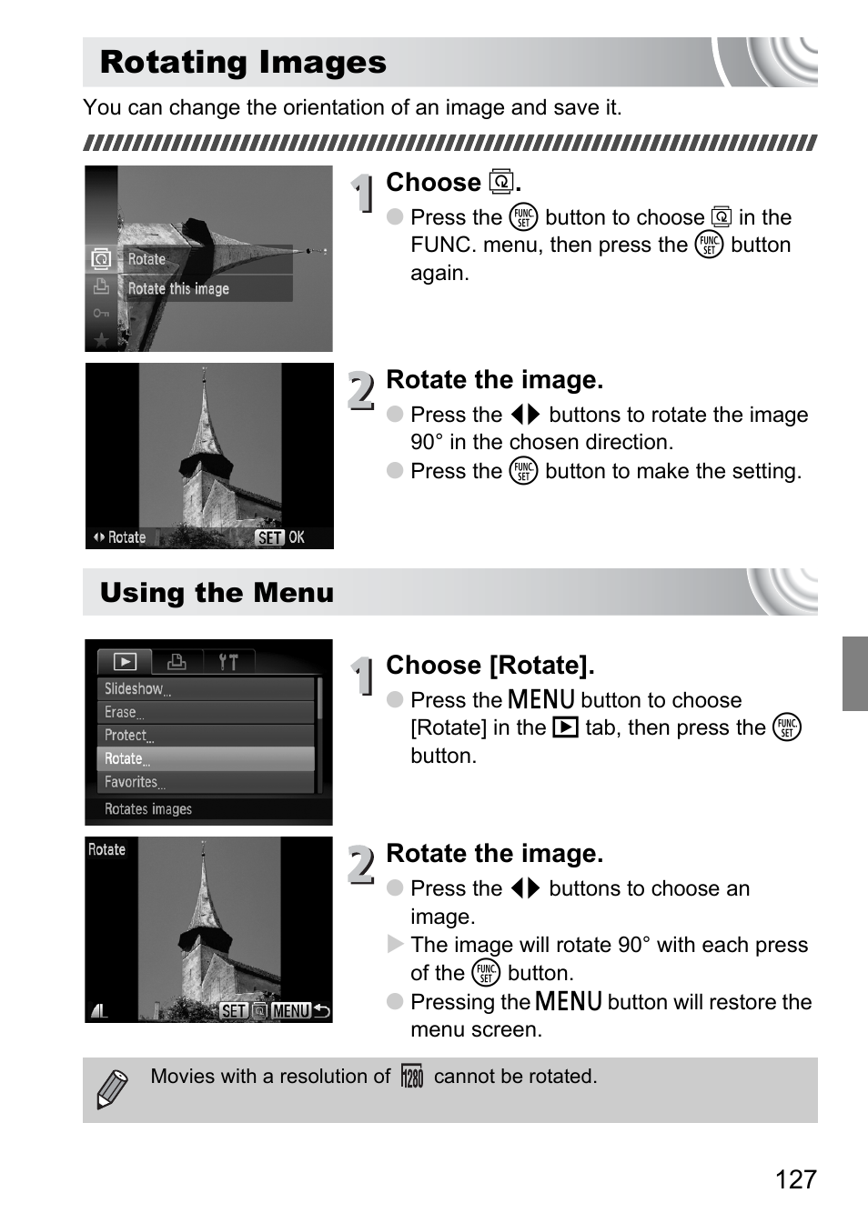 Rotating images, Ages, P. 127) | Using the menu, Choose, Rotate the image, Choose [rotate | Canon IXUS 130 User Manual | Page 127 / 176