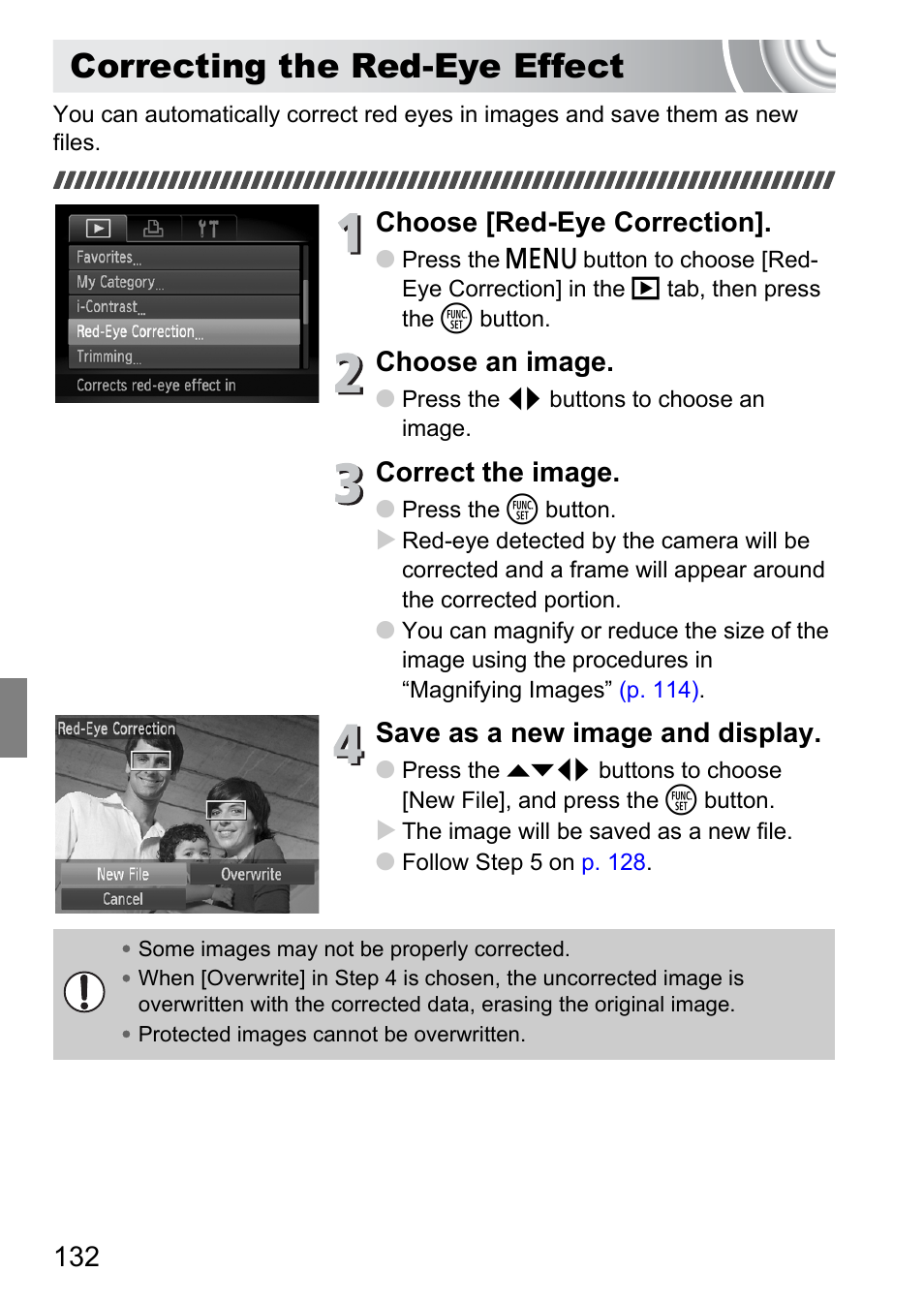 Correcting the red-eye effect, Choose [red-eye correction, Choose an image | Correct the image, Save as a new image and display | Canon IXUS 130 User Manual | Page 132 / 176