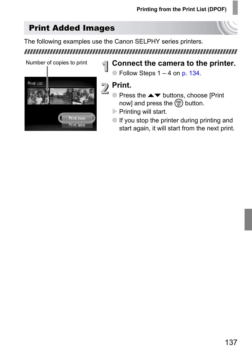 Print added images, Connect the camera to the printer, Print | Canon IXUS 130 User Manual | Page 137 / 176