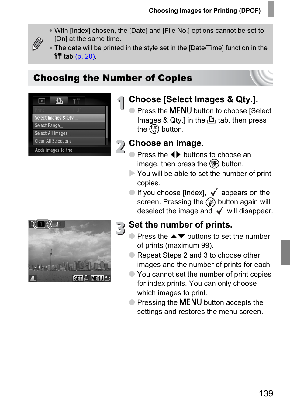 Choosing the number of copies, Choose [select images & qty, Choose an image | Set the number of prints | Canon IXUS 130 User Manual | Page 139 / 176