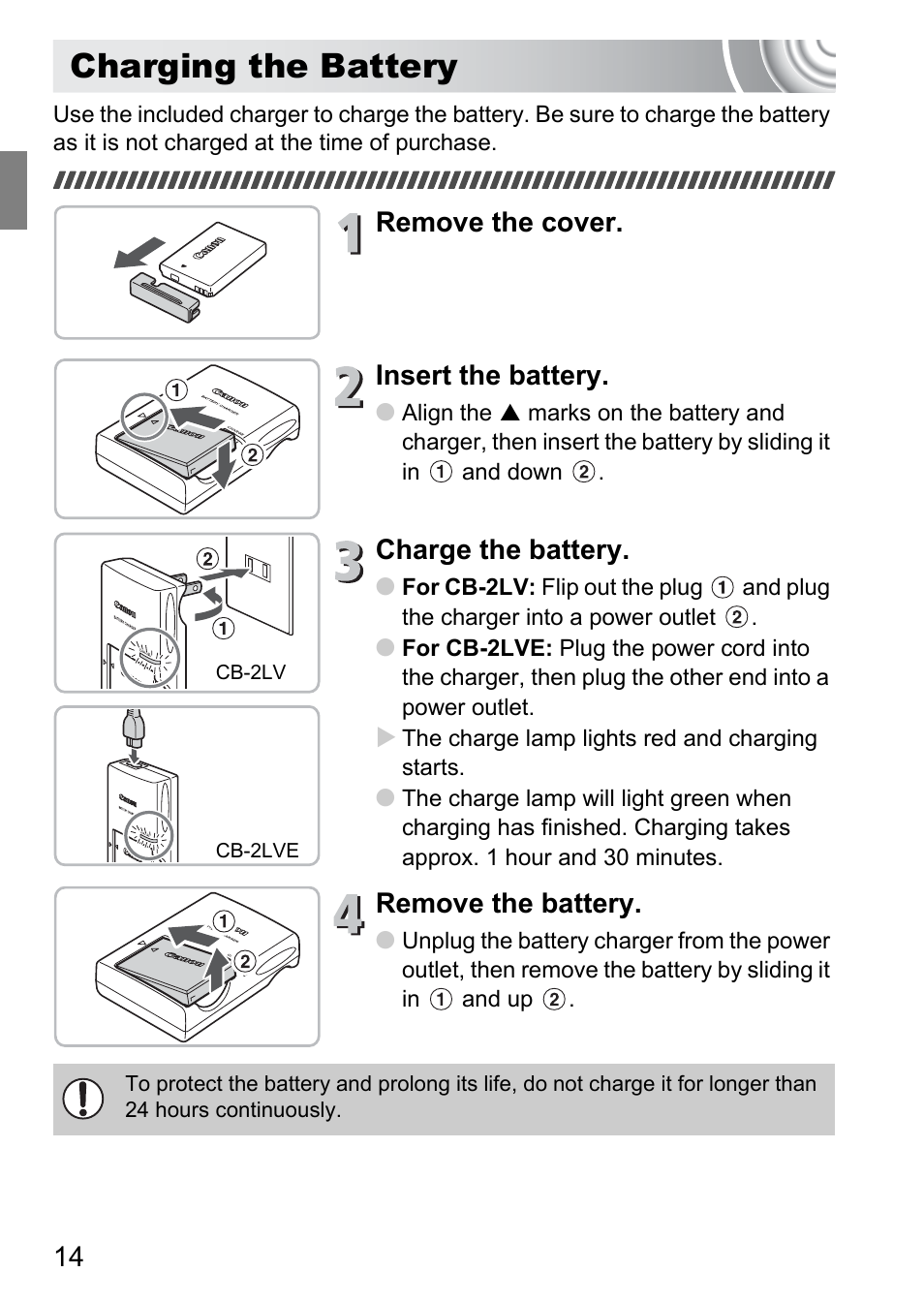 Charging the battery, Remove the cover. insert the battery, Charge the battery | Remove the battery | Canon IXUS 130 User Manual | Page 14 / 176