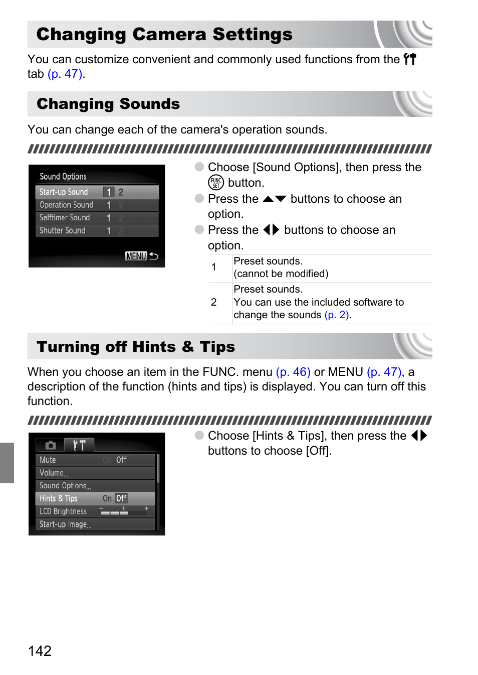 Changing camera settings, Changing sounds, Turning off hints & tips | Canon IXUS 130 User Manual | Page 142 / 176