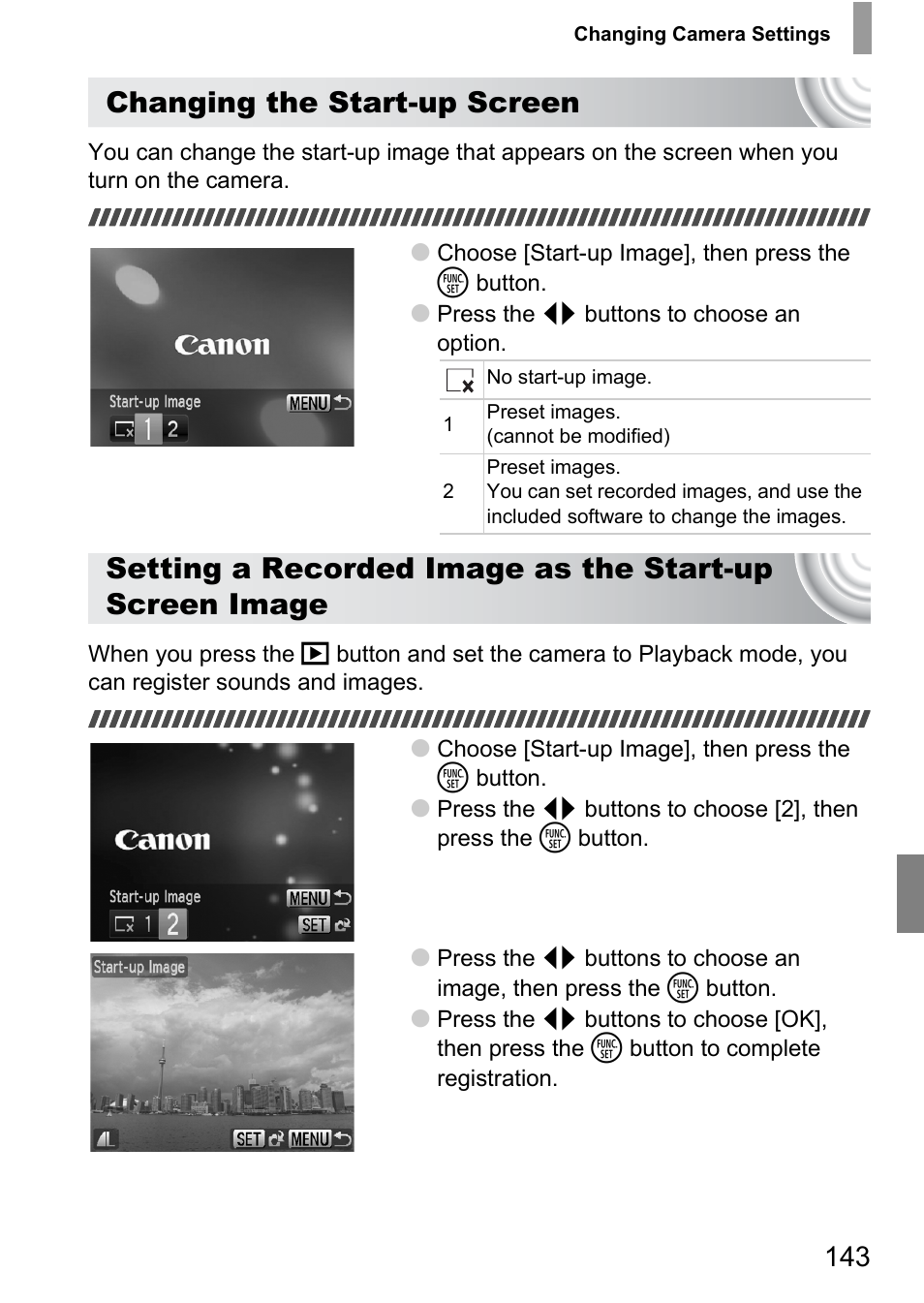 P. 143), Changing the start-up screen | Canon IXUS 130 User Manual | Page 143 / 176