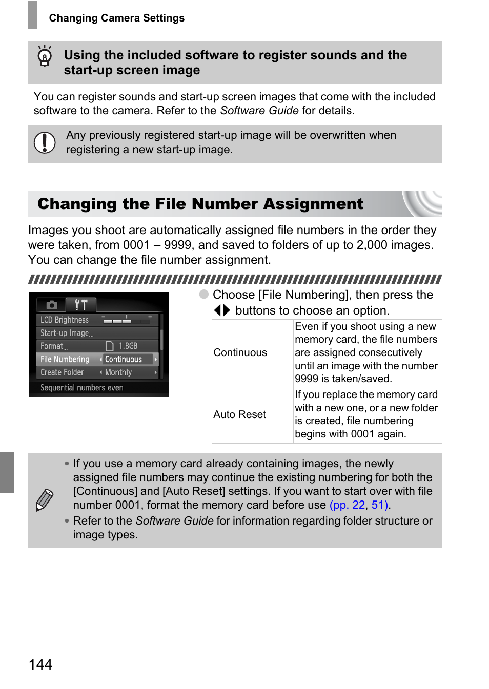 Changing the file number assignment | Canon IXUS 130 User Manual | Page 144 / 176