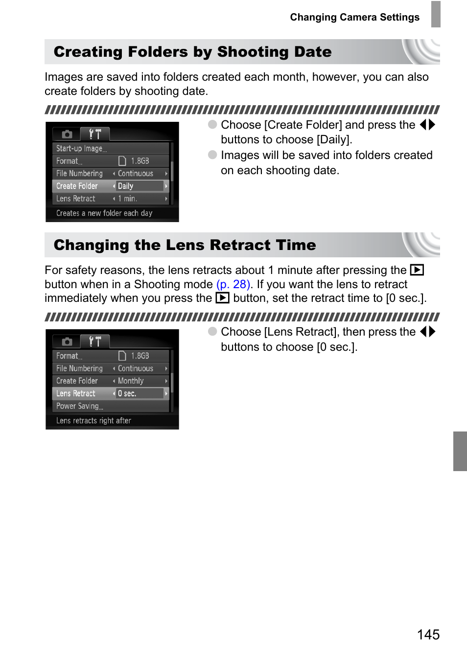 Creating folders by shooting date, Changing the lens retract time | Canon IXUS 130 User Manual | Page 145 / 176