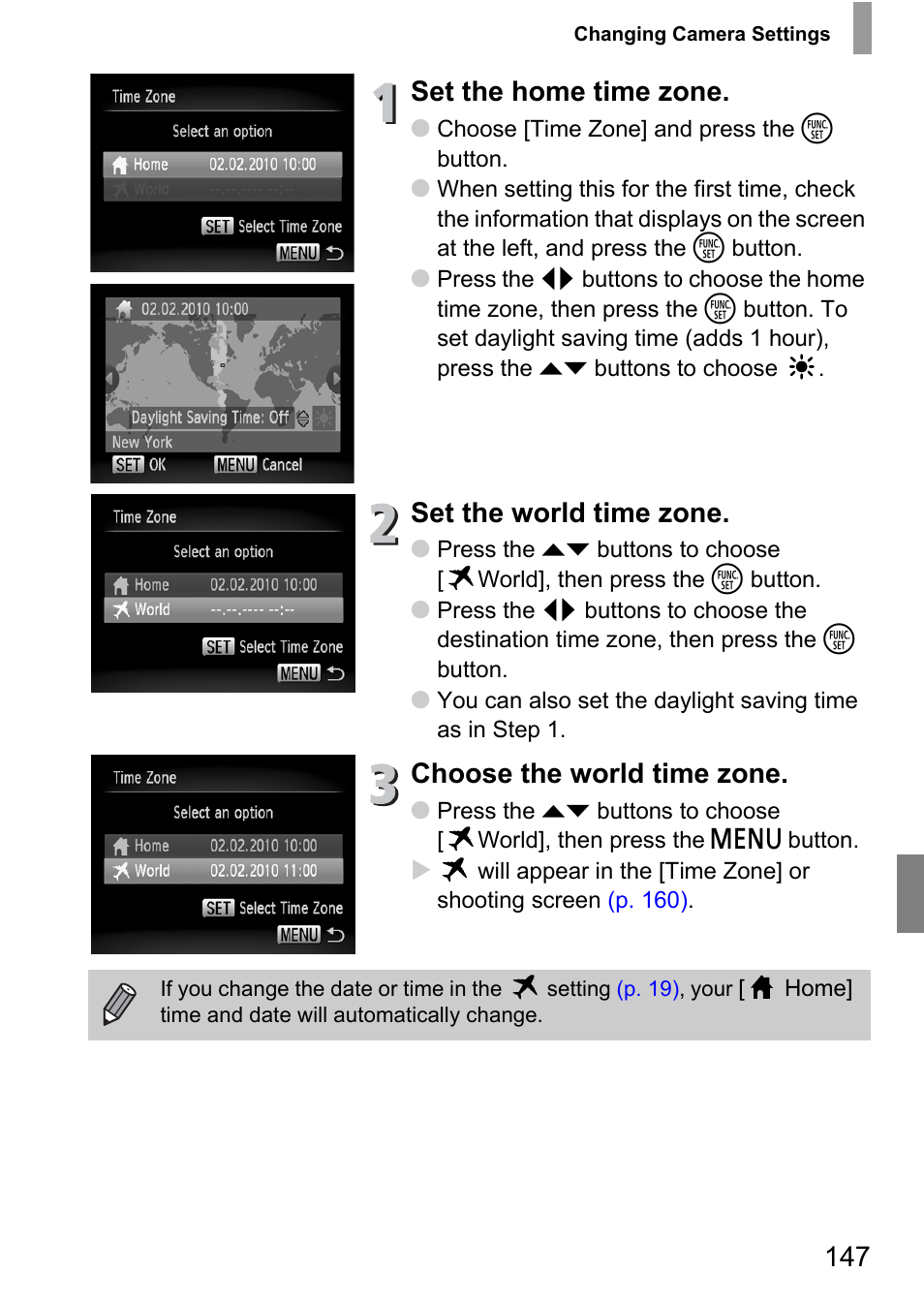 Set the home time zone, Set the world time zone, Choose the world time zone | Canon IXUS 130 User Manual | Page 147 / 176