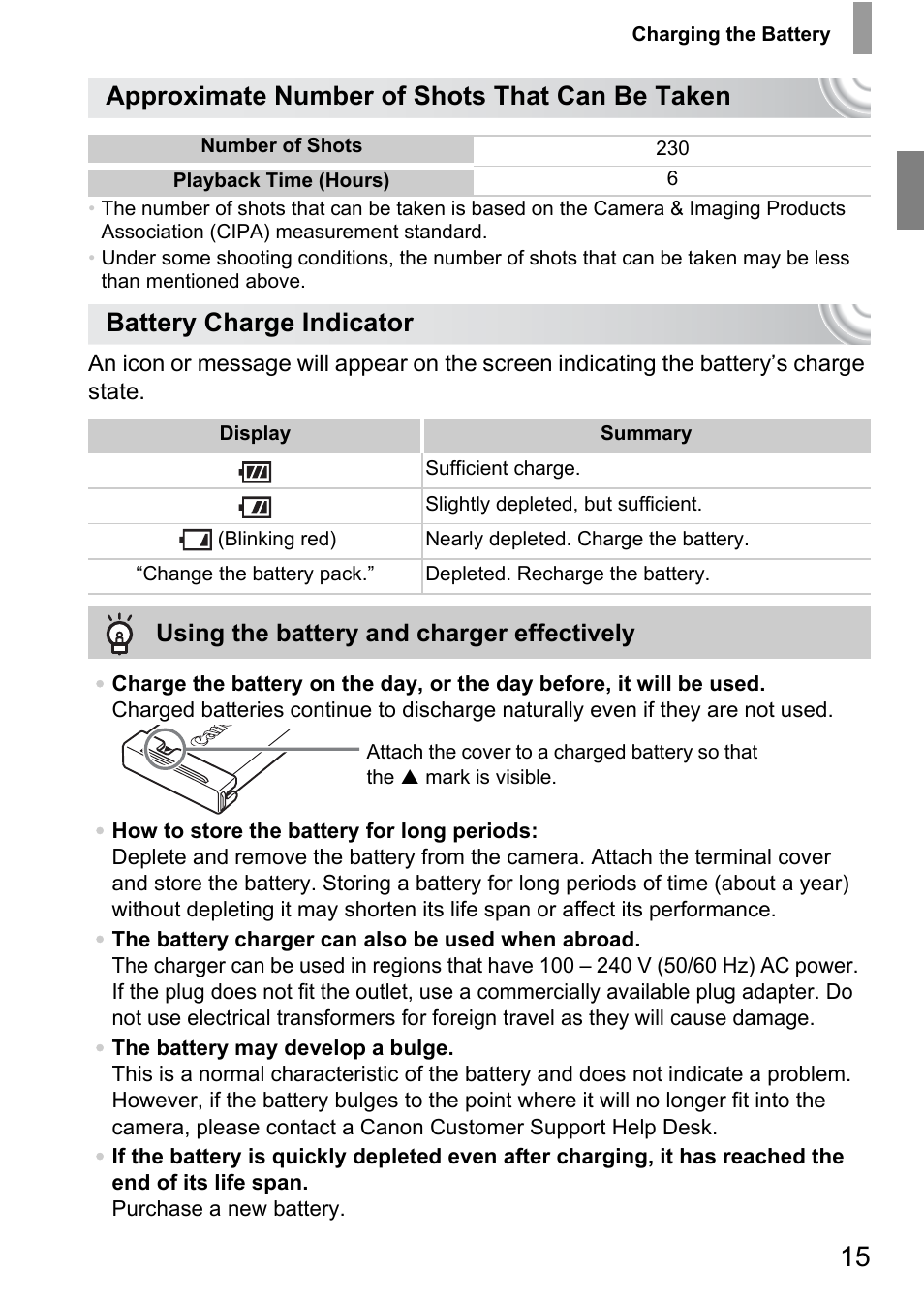 Approximate number of shots that can be taken, Battery charge indicator | Canon IXUS 130 User Manual | Page 15 / 176