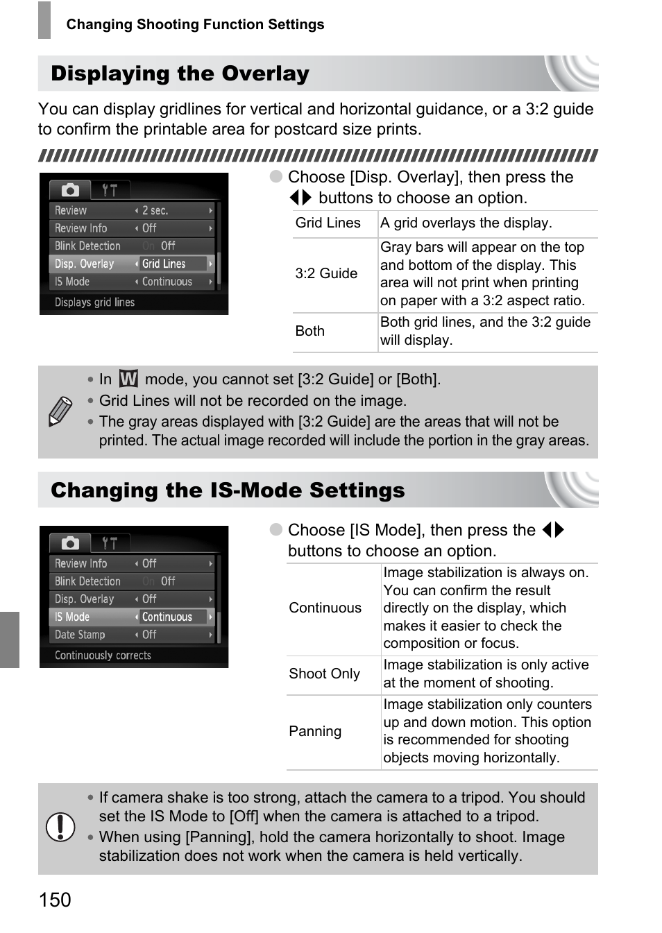 P. 150), Displaying the overlay, Changing the is-mode settings | Canon IXUS 130 User Manual | Page 150 / 176