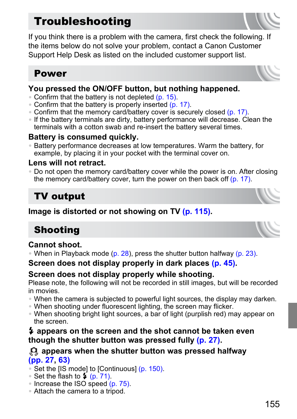 Troubleshooting, Power, Tv output | Shooting | Canon IXUS 130 User Manual | Page 155 / 176