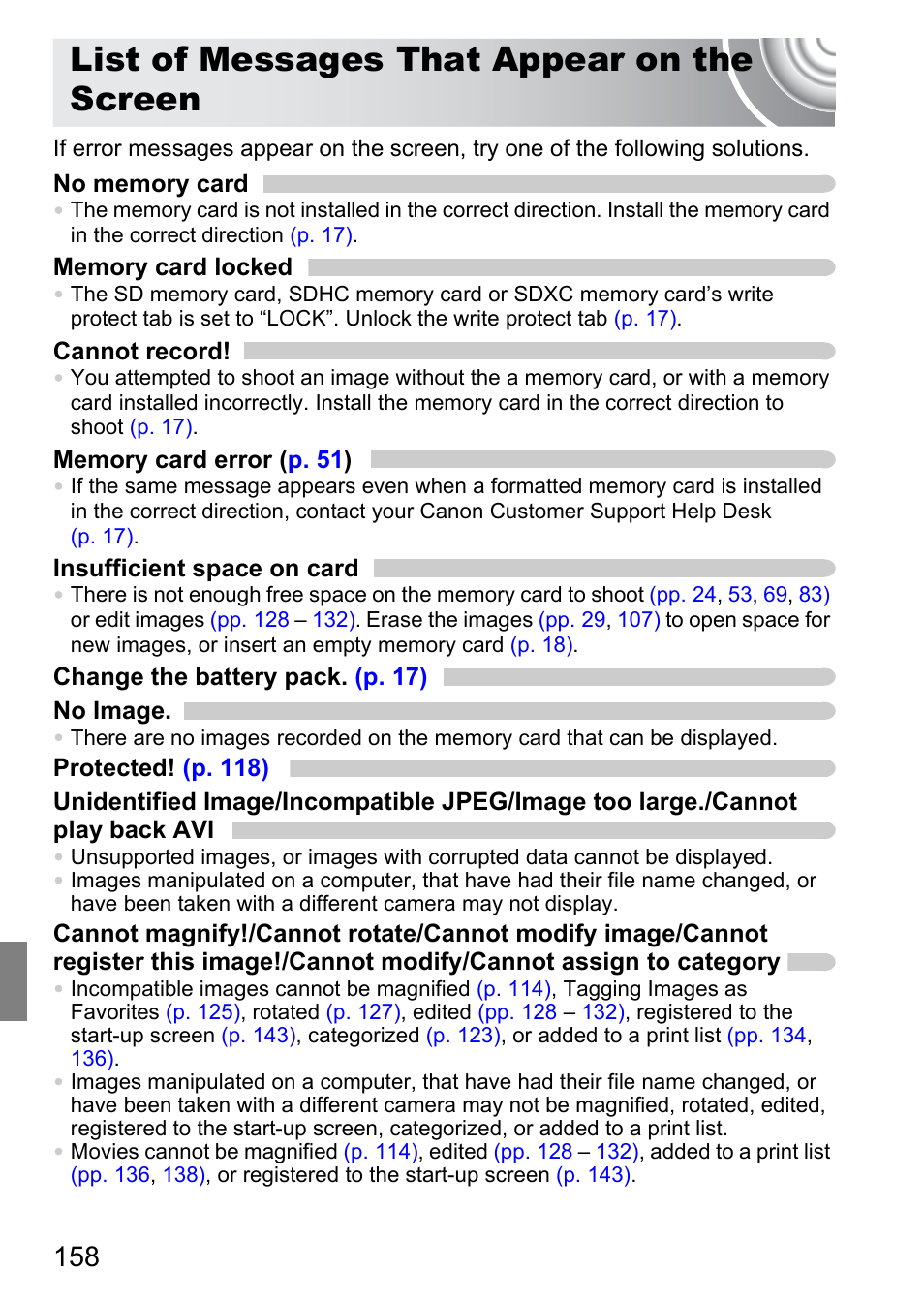 List of messages that appear on the screen, List of messages that appear, On the screen | Canon IXUS 130 User Manual | Page 158 / 176