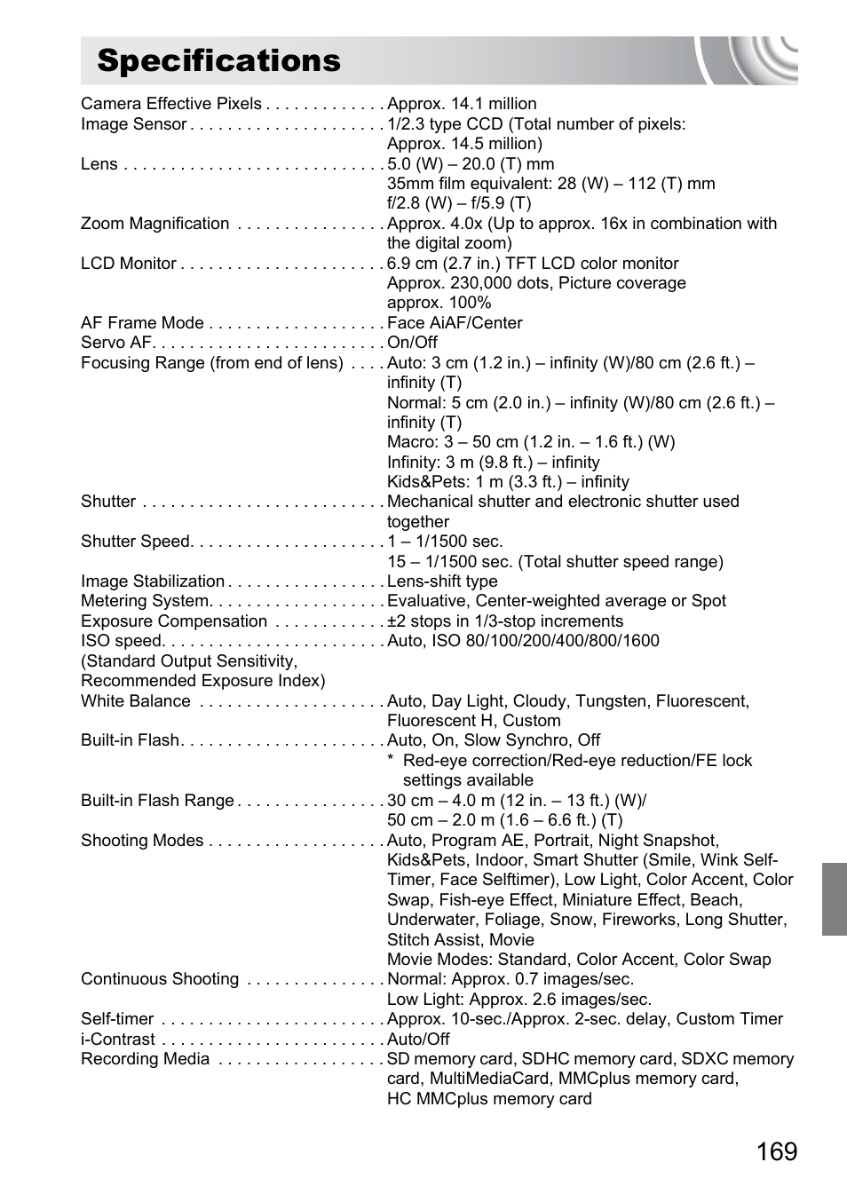 Specifications, P. 169) | Canon IXUS 130 User Manual | Page 169 / 176