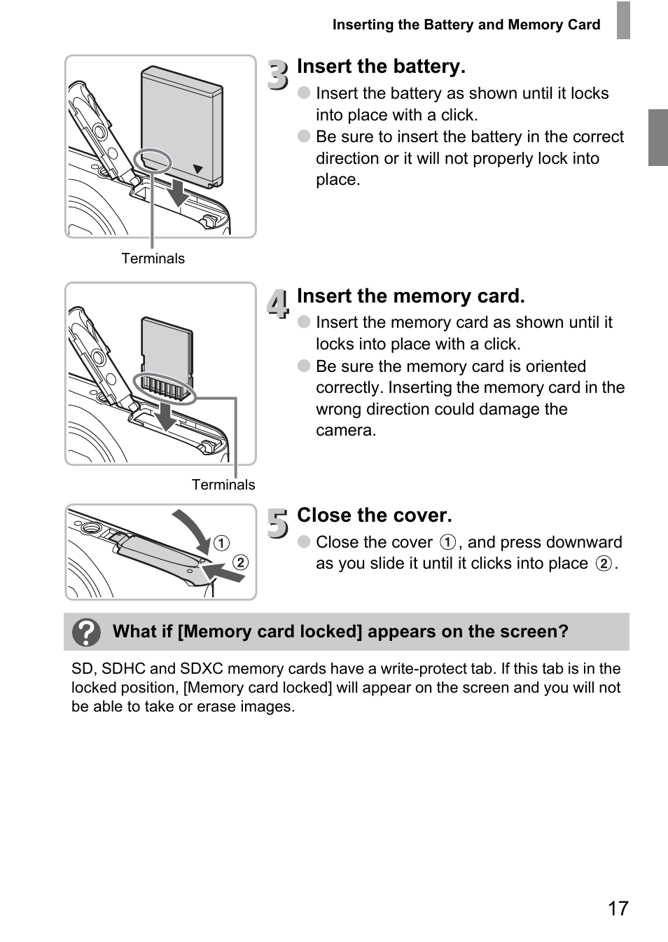 Insert the battery, Close the cover | Canon IXUS 130 User Manual | Page 17 / 176