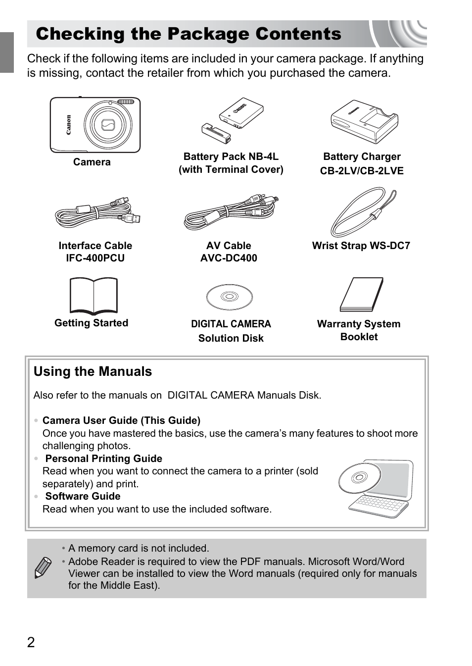 Checking the package contents, Using the manuals | Canon IXUS 130 User Manual | Page 2 / 176