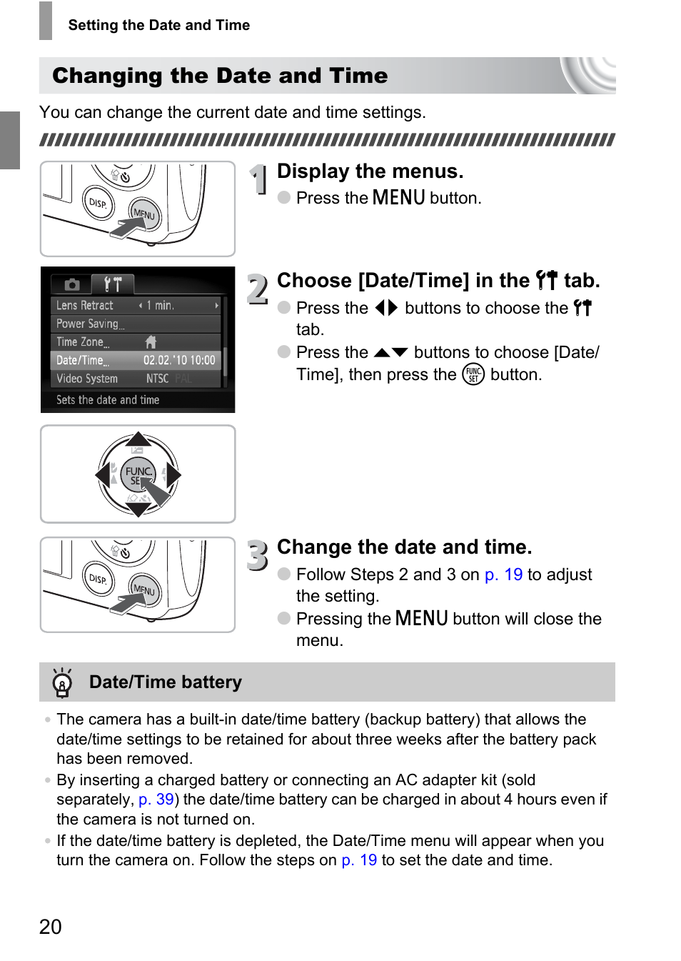 Changing the date and time, Display the menus, Choose [date/time] in the 3 tab | Change the date and time | Canon IXUS 130 User Manual | Page 20 / 176