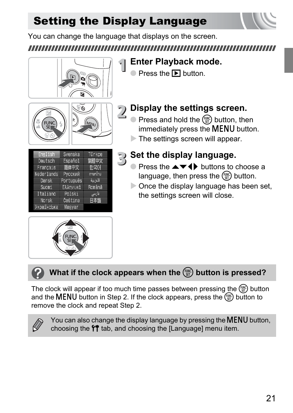 Setting the display language, Enter playback mode, Display the settings screen | Set the display language | Canon IXUS 130 User Manual | Page 21 / 176