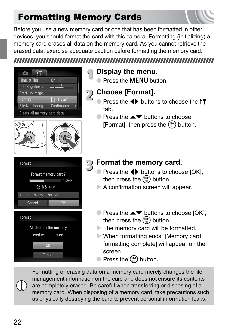 Formatting memory cards, Display the menu, Choose [format | Canon IXUS 130 User Manual | Page 22 / 176