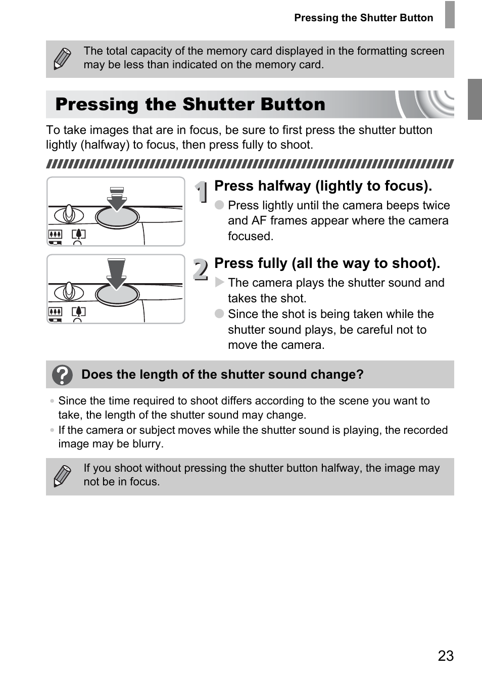 Pressing the shutter button, Press halfway (lightly to focus), Press fully (all the way to shoot) | Canon IXUS 130 User Manual | Page 23 / 176