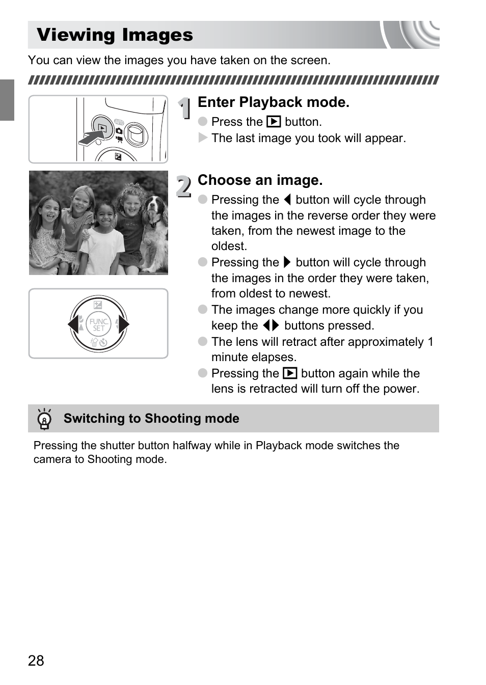 Viewing images, Enter playback mode, Choose an image | Canon IXUS 130 User Manual | Page 28 / 176