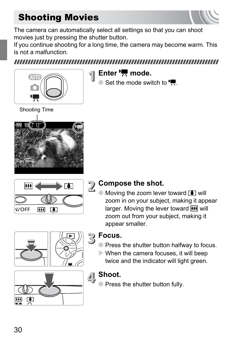 Shooting movies | Canon IXUS 130 User Manual | Page 30 / 176