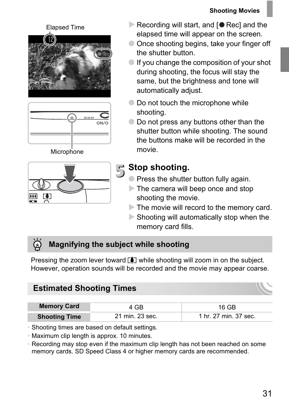 Stop shooting, Estimated shooting times | Canon IXUS 130 User Manual | Page 31 / 176