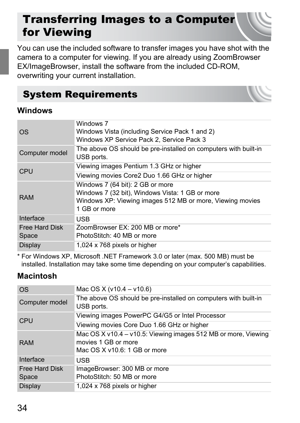 Transferring images to a computer for viewing, Transferring images, To a computer for viewing | System requirements | Canon IXUS 130 User Manual | Page 34 / 176