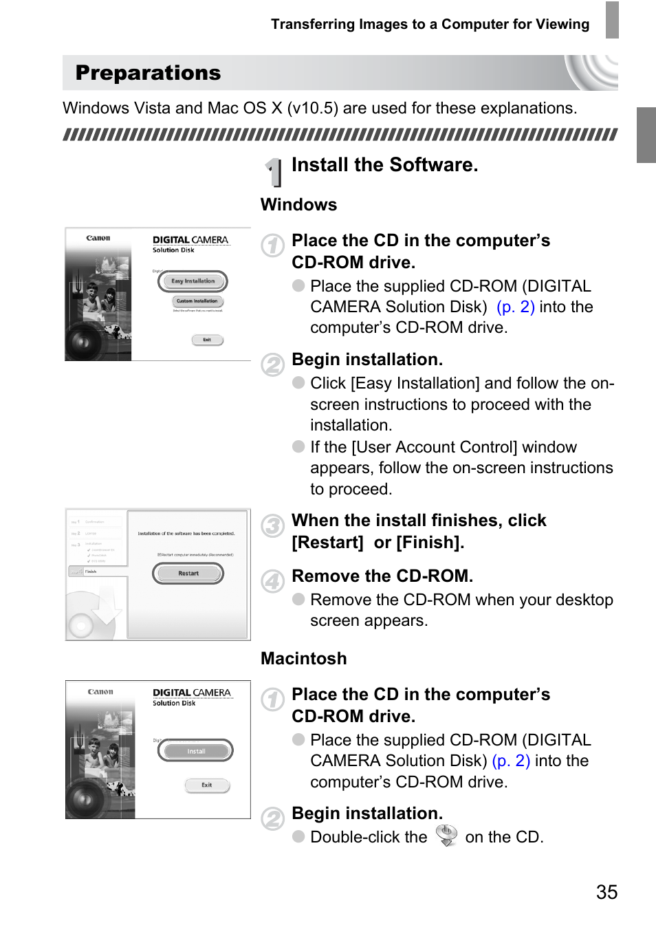 Preparations, Install the software | Canon IXUS 130 User Manual | Page 35 / 176
