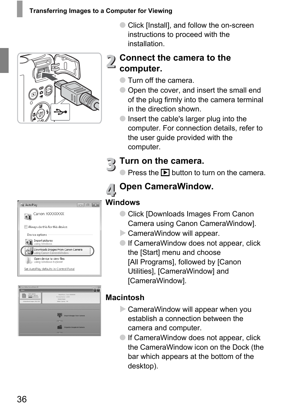 Connect the camera to the computer, Turn on the camera, Open camerawindow | Canon IXUS 130 User Manual | Page 36 / 176