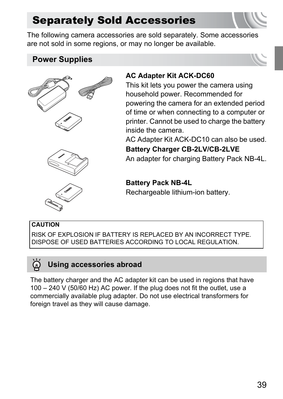 Separately sold accessories, P. 39 | Canon IXUS 130 User Manual | Page 39 / 176