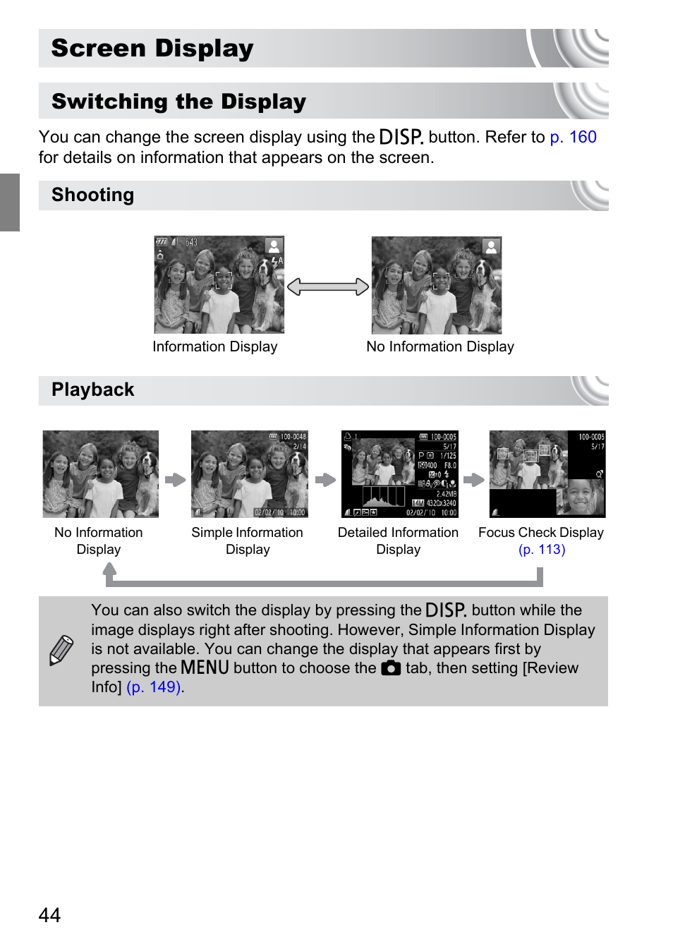 Screen display, P. 44), Switching the display | Shooting playback | Canon IXUS 130 User Manual | Page 44 / 176