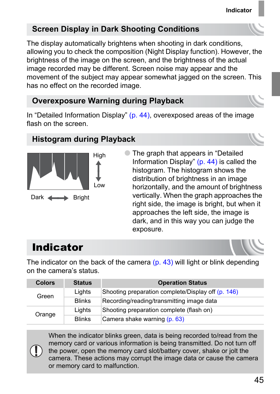 Indicator, P. 45), Screen display in dark shooting conditions | Overexposure warning during playback, Histogram during playback | Canon IXUS 130 User Manual | Page 45 / 176