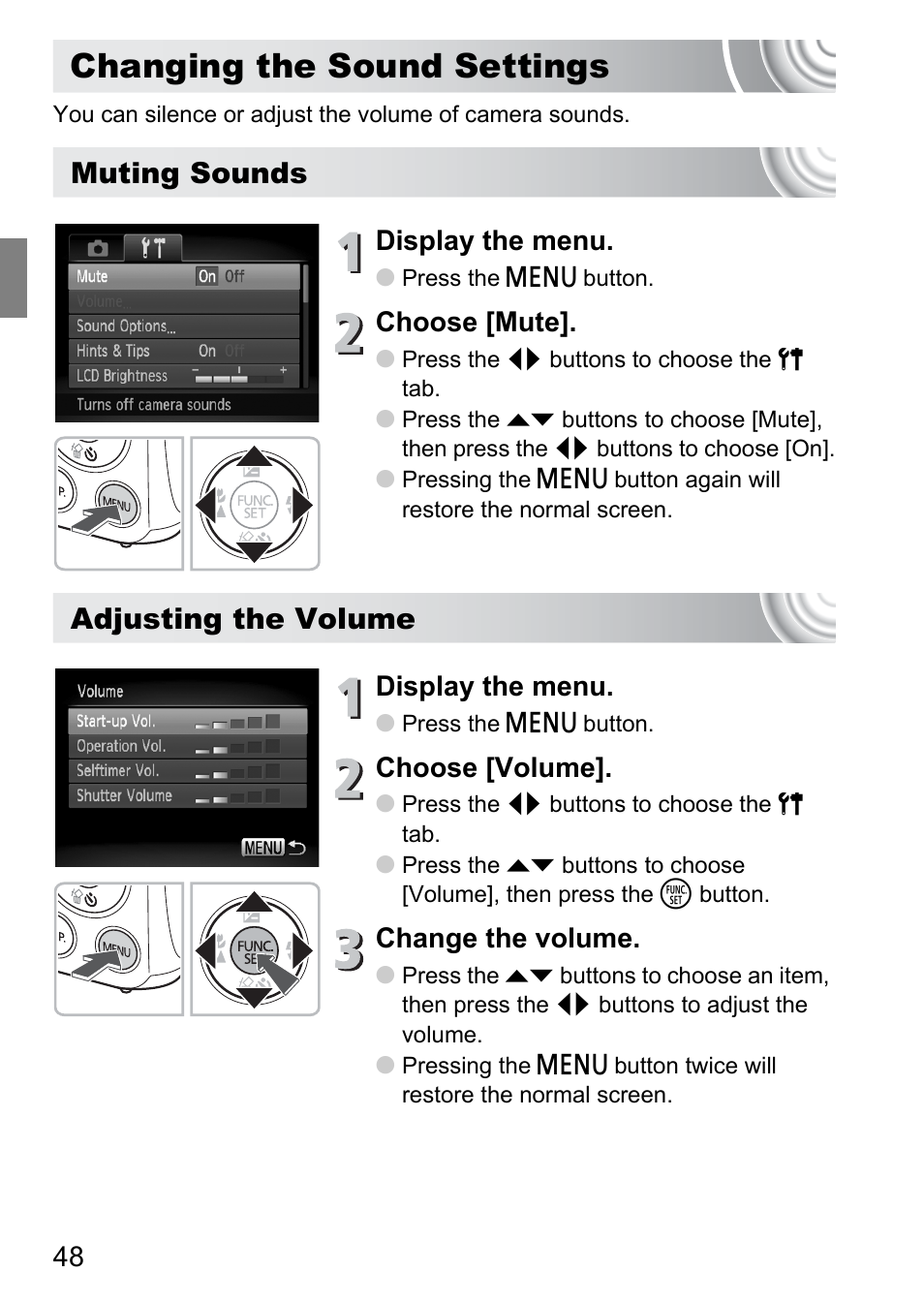 Changing the sound settings, Muting sounds, Adjusting the volume | Display the menu, Choose [mute, Choose [volume, Change the volume | Canon IXUS 130 User Manual | Page 48 / 176