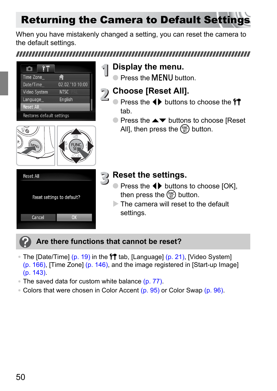 Returning the camera to default settings, Returning the camera to default, Settings | Display the menu, Choose [reset all, Reset the settings | Canon IXUS 130 User Manual | Page 50 / 176