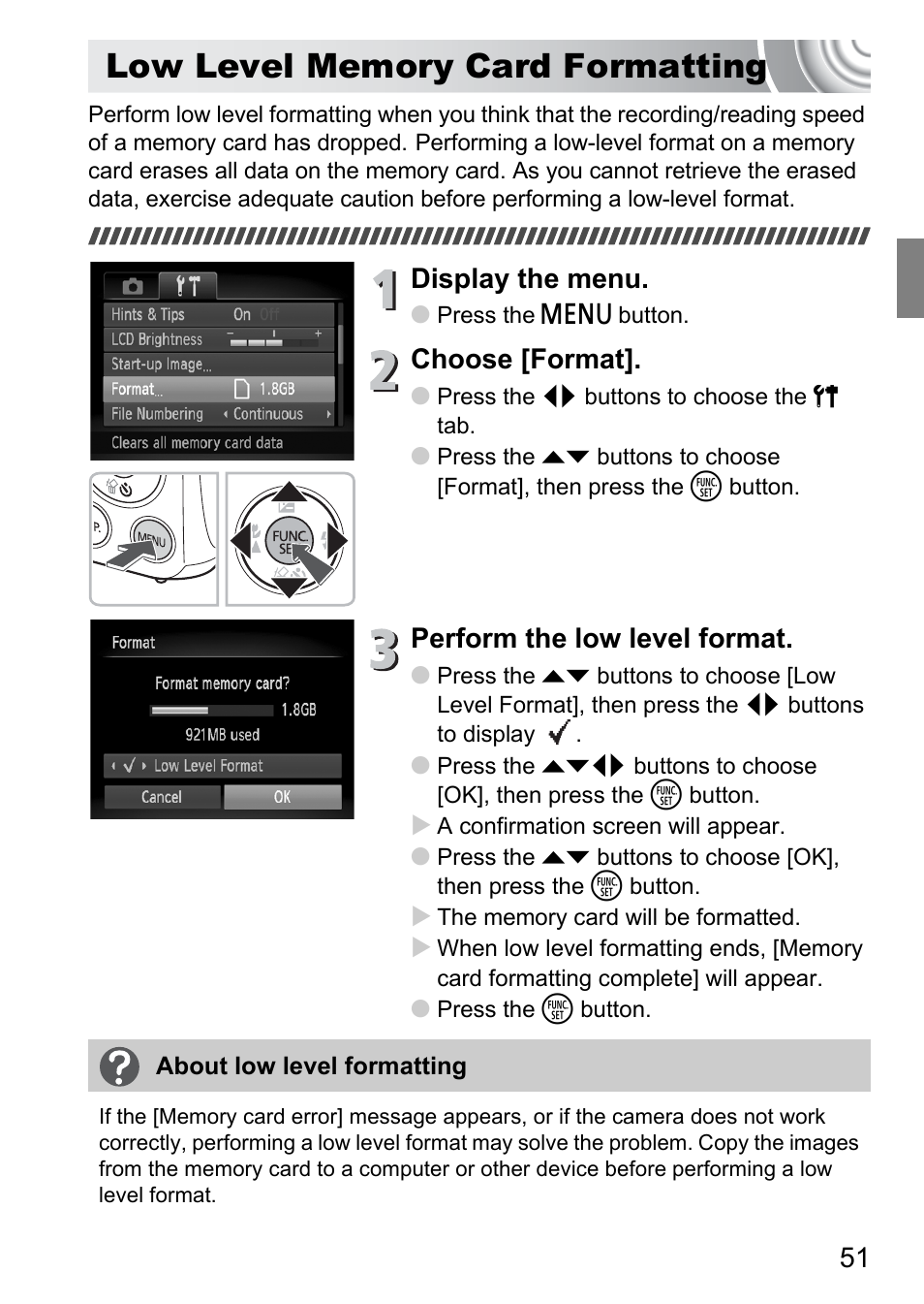 Low level memory card formatting, Low level, Memory card formatting | Display the menu, Choose [format, Perform the low level format | Canon IXUS 130 User Manual | Page 51 / 176