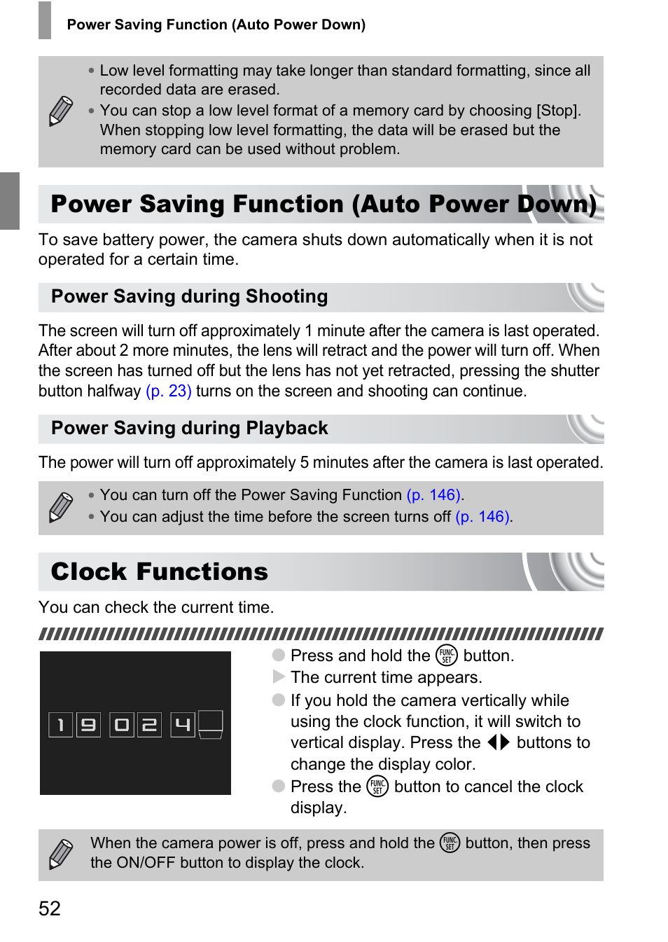 Power saving function (auto power down), Clock functions, Power saving function | Auto power down) | Canon IXUS 130 User Manual | Page 52 / 176