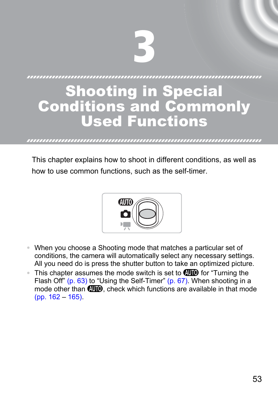 3 shooting in special, Conditions and commonly, Used functions | Pp. 53 | Canon IXUS 130 User Manual | Page 53 / 176